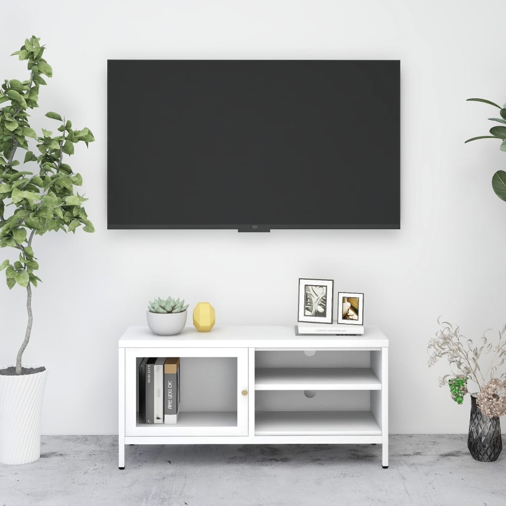 TV Cabinet White 90x30x44 cm Steel and Glass - Tyrell & Tyrell