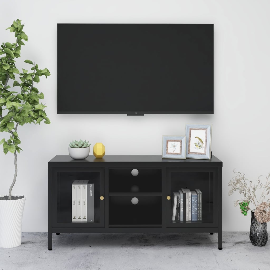 TV Cabinet Black 105x35x52 cm Steel and Glass - Decor Base