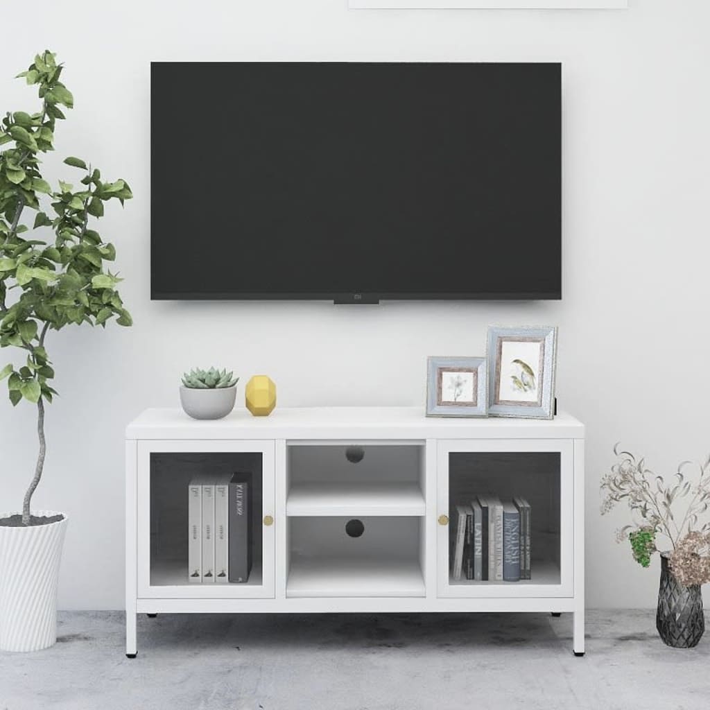 TV Cabinet White 105x35x52 cm Steel and Glass - Millennium Furniture