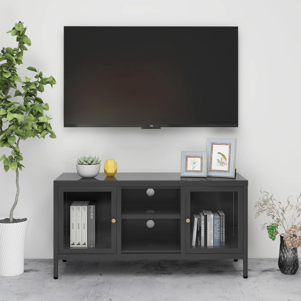 TV Cabinet Anthracite 105x35x52 cm Steel and Glass - Merlin Deals