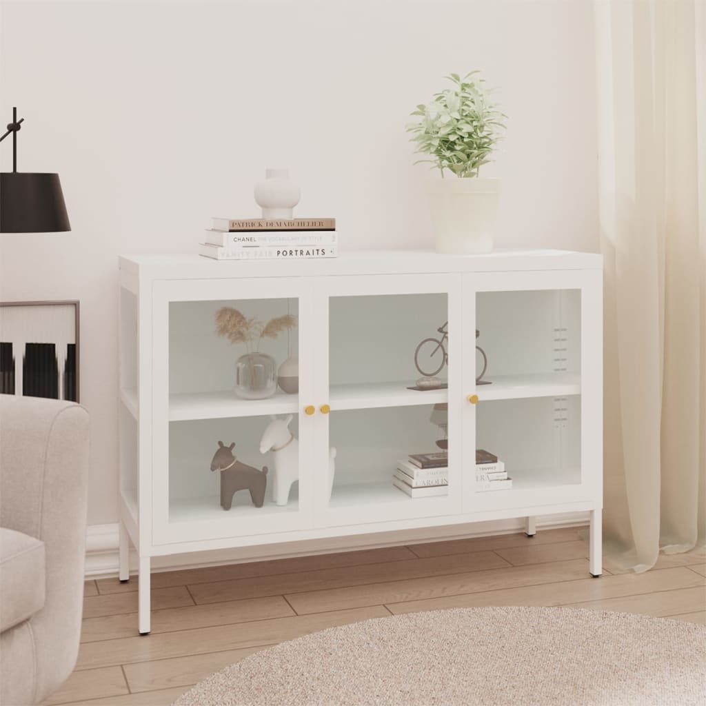 Sideboard White 105x35x70 cm Steel and Glass - Brittle & Co