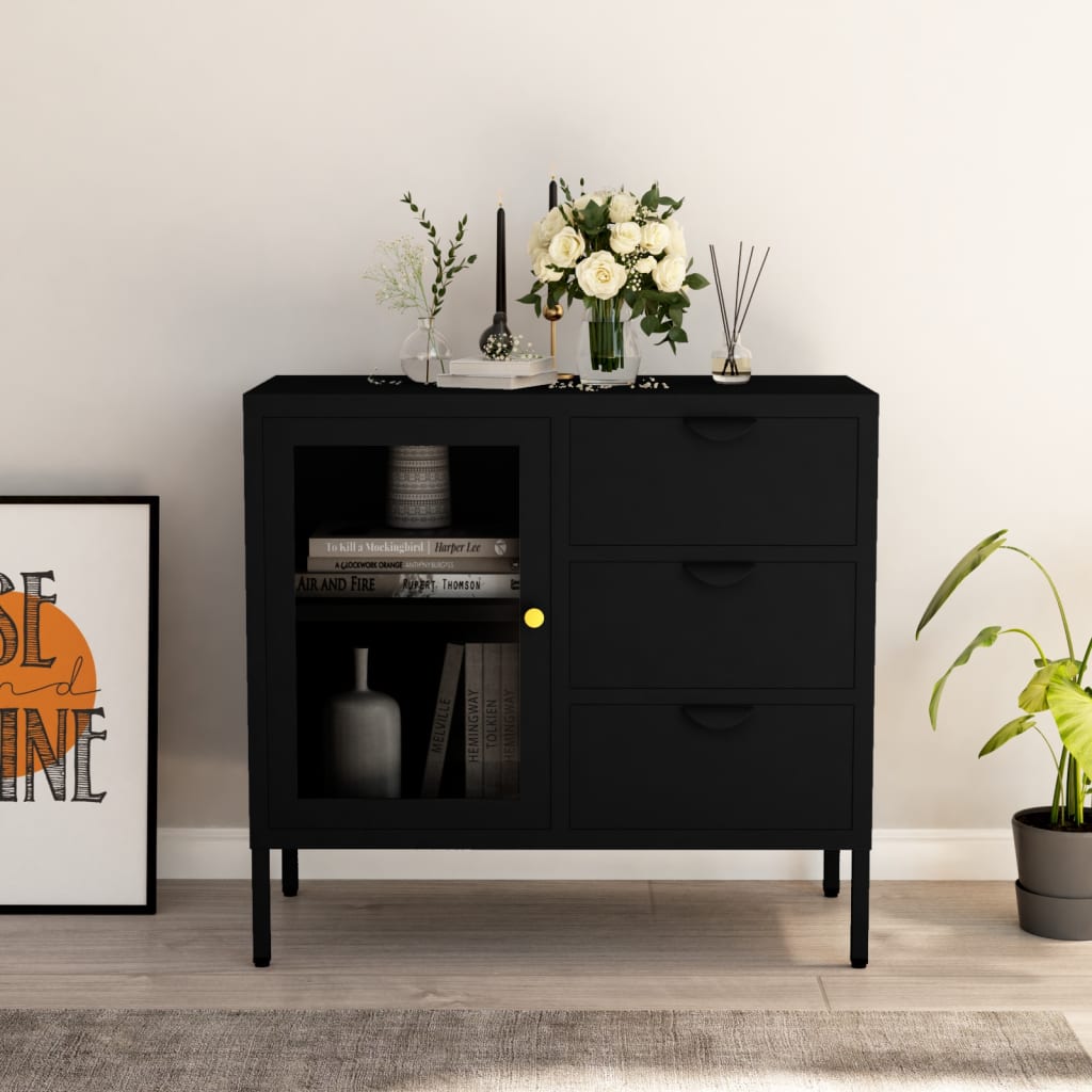 Sideboard Black 75x35x70 cm Steel and Tempered Glass - Charlotte Dunes