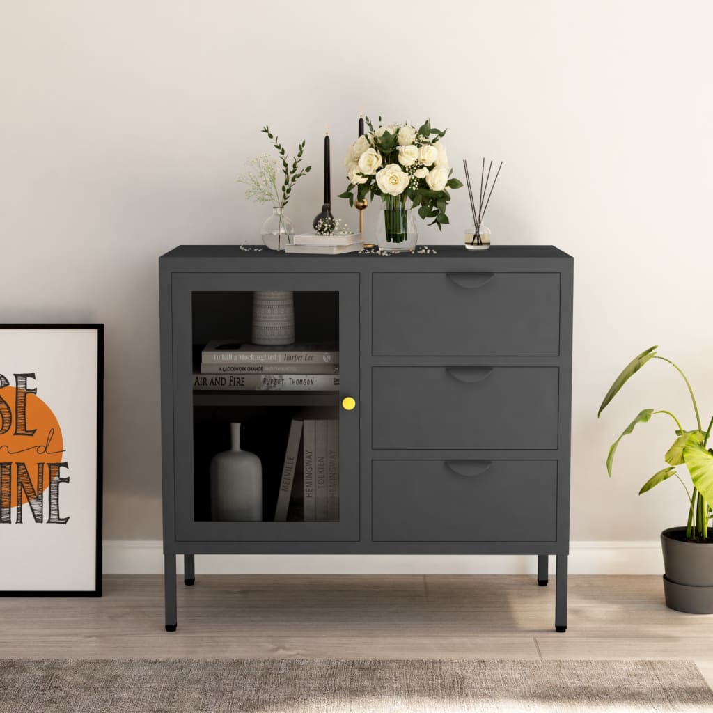 Sideboard Anthracite 75x35x70 cm Steel and Tempered Glass - The Home Maker