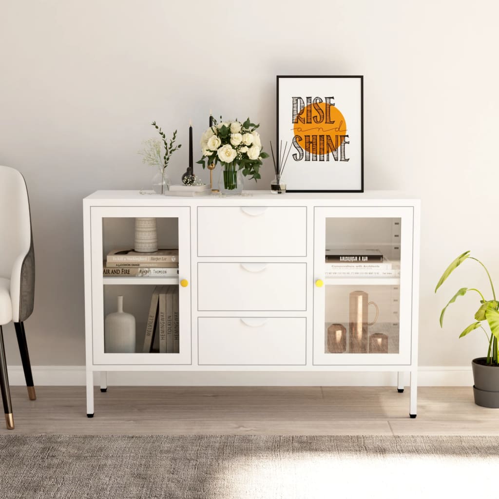 Sideboard White 105x35x70 cm Steel and Tempered Glass - Decor Base