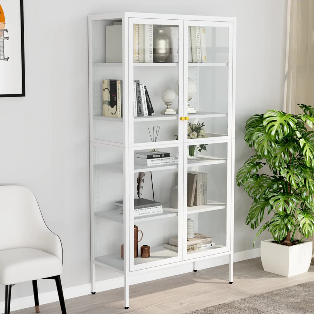 Display Cabinet White 90x40x180 cm Steel and Tempered Glass - Tyrell & Tyrell