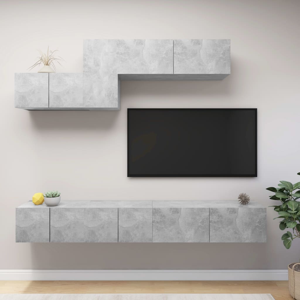 6 Piece TV Cabinet Set Concrete Grey Engineered Wood - Direct Imports