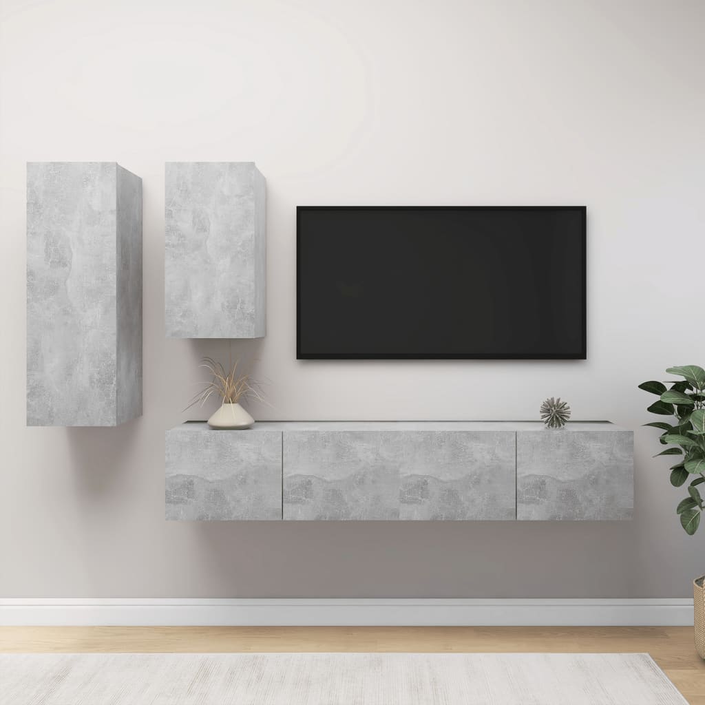 4 Piece TV Cabinet Set Concrete Grey Engineered Wood - Discount Dealers
