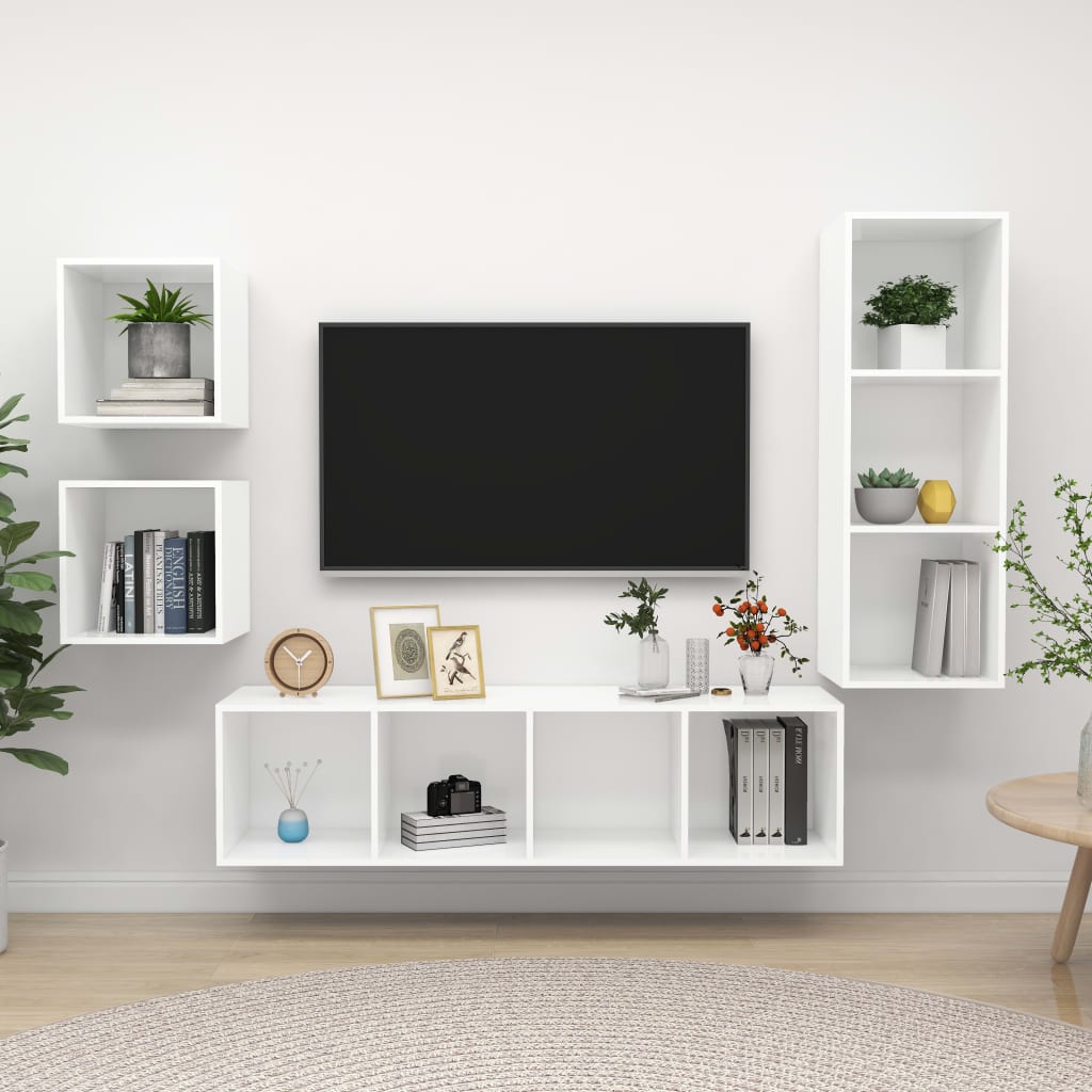 4 Piece TV Cabinet Set White Engineered Wood - The Home Maker