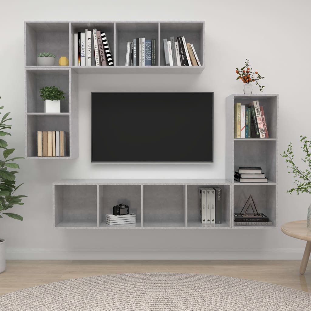 4 Piece TV Cabinet Set Concrete Grey Engineered Wood - The Home Maker