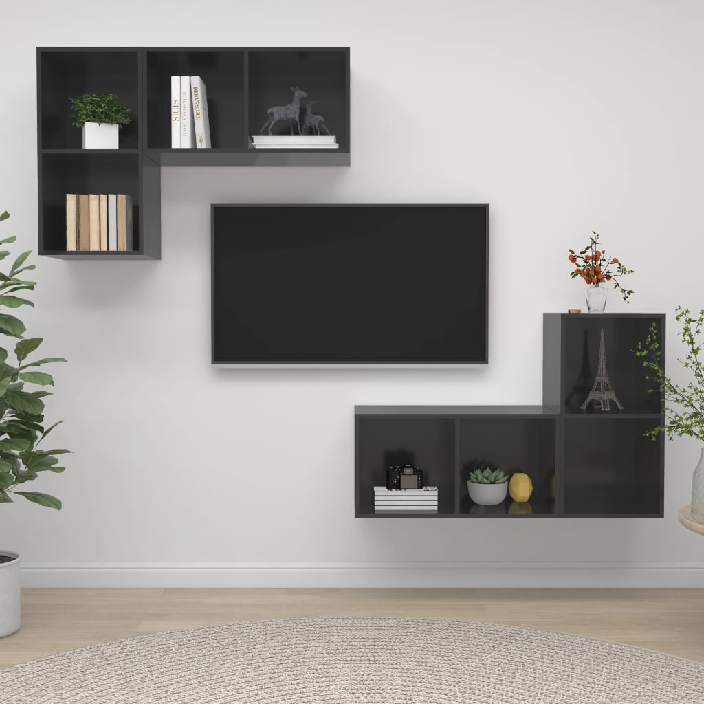 Wall-mounted TV Cabinets 4 pcs High Gloss Grey Engineered Wood - Tyrell & Tyrell
