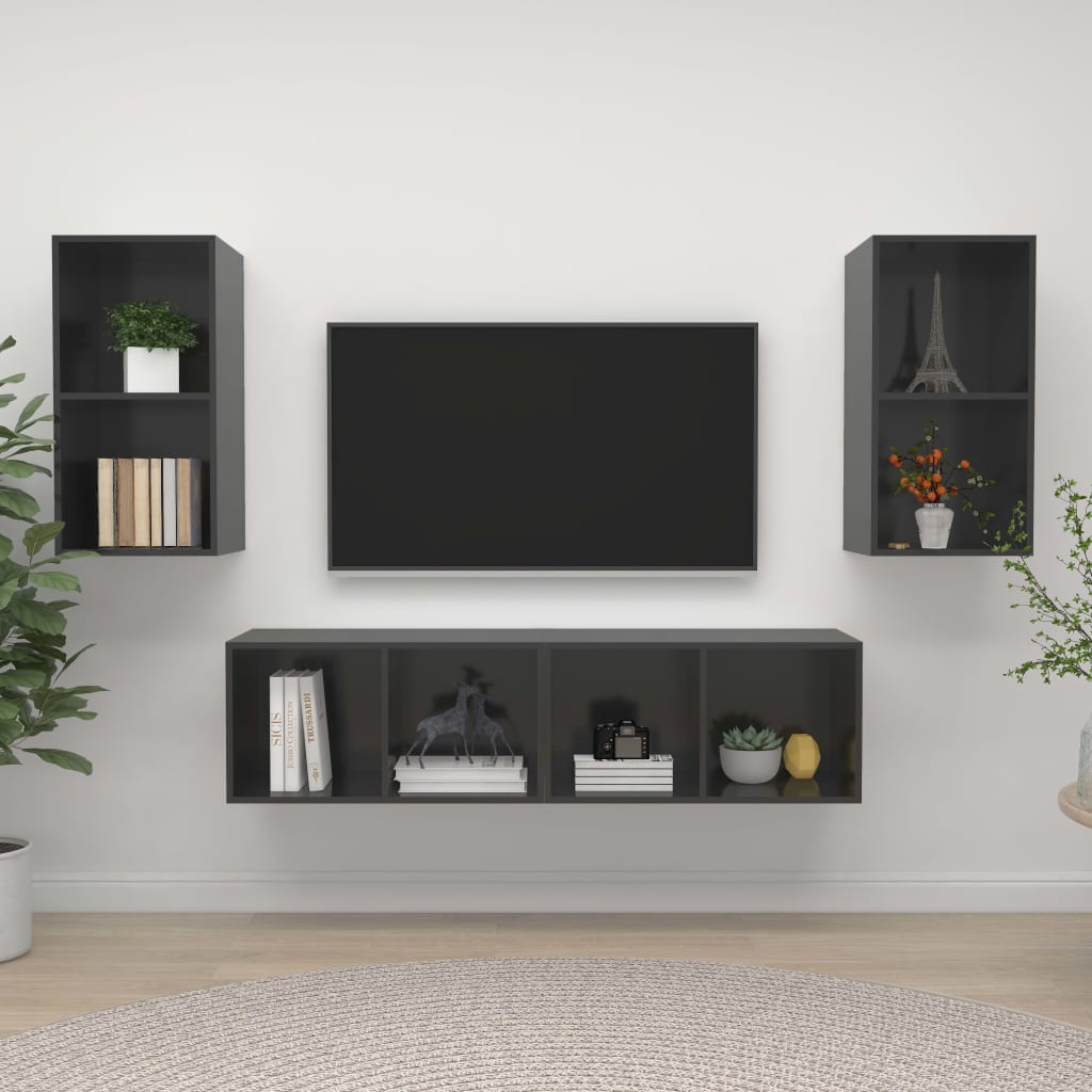 Wall-mounted TV Cabinets 4 pcs High Gloss Grey Engineered Wood - Direct Imports