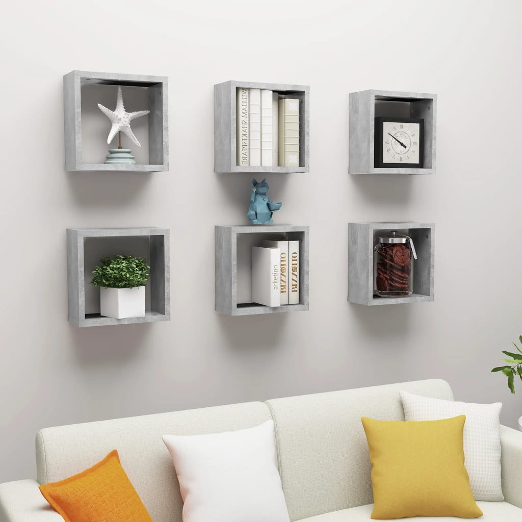Wall Cube Shelves 6 pcs Concrete Grey 30x15x30 cm - Design Hut