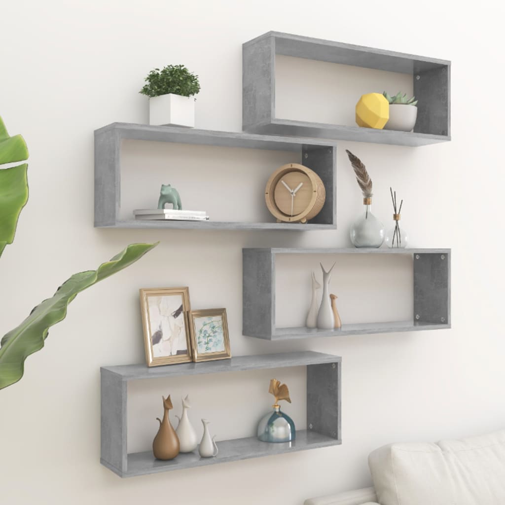 Wall Cube Shelf 4 pcs Concrete Grey 60x15x23 cm Engineered Wood - Decor Base