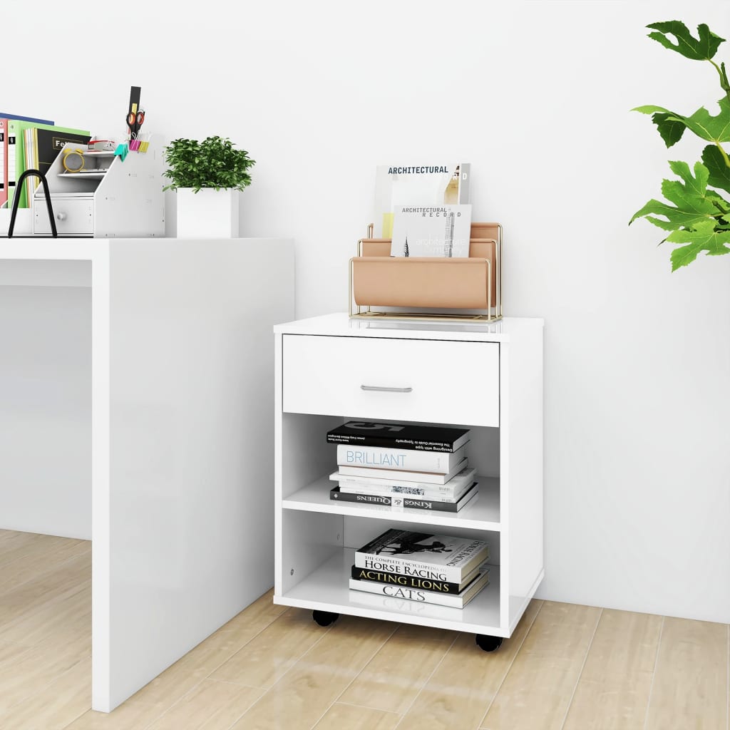 Rolling Cabinet High Gloss White 46x36x59 cm Engineered Wood - R and M Furniture