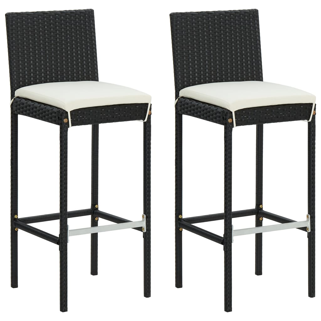 Garden Bar Stools with Cushions 2 pcs Black Poly Rattan - Unbeatable Bargains