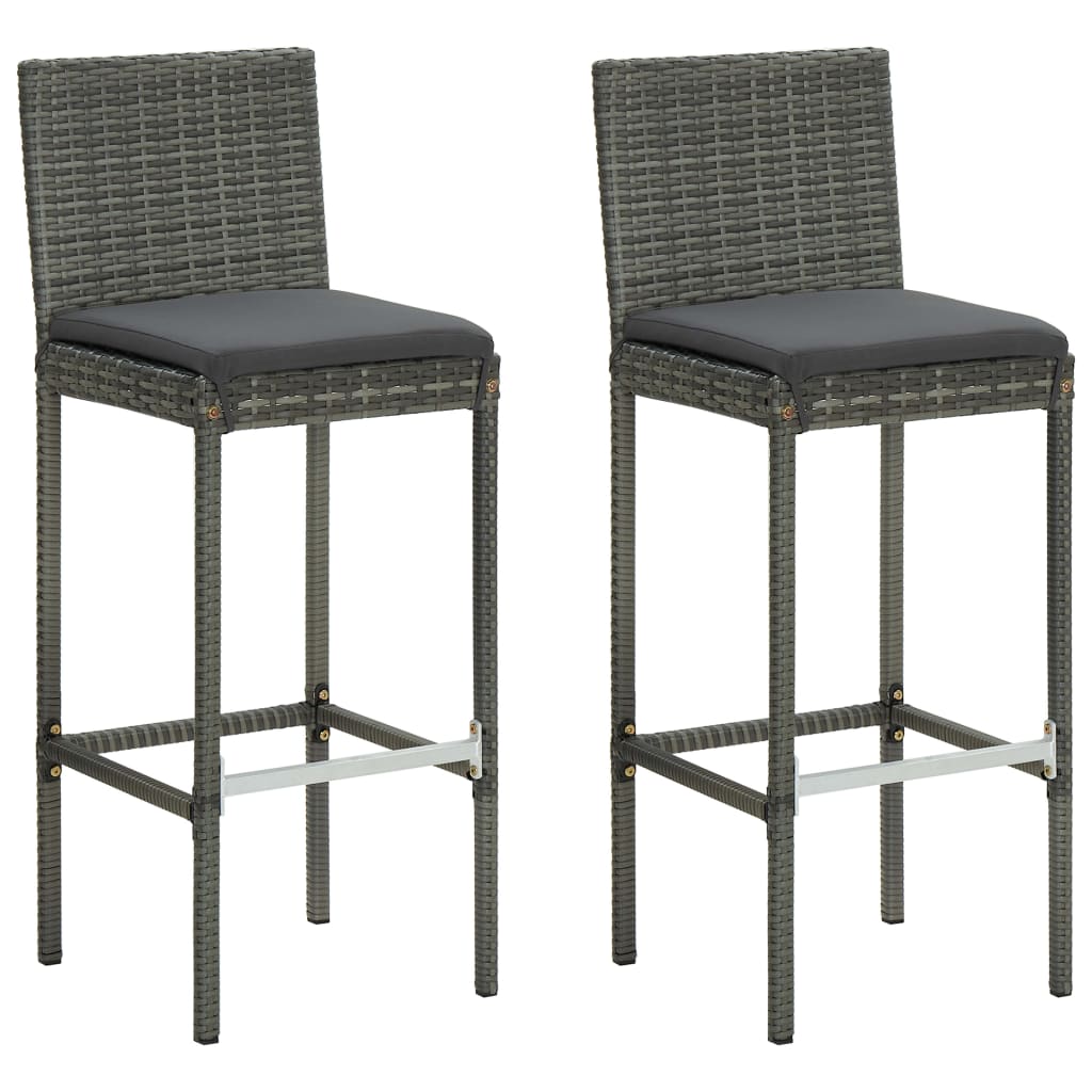 Garden Bar Stools with Cushions 2 pcs Grey Poly Rattan - The Home Maker