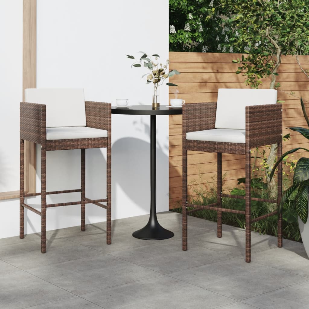 Bar Stools 2 pcs with Cushions Brown Poly Rattan - All Things Good