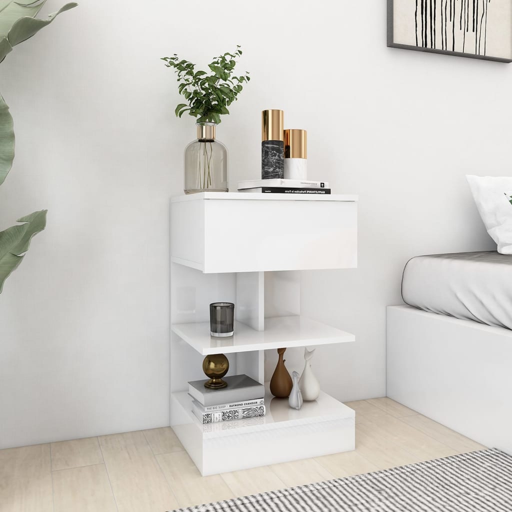 Bedside Table - NANAIMO Nightstand High Gloss White 40cm - Decor Base
