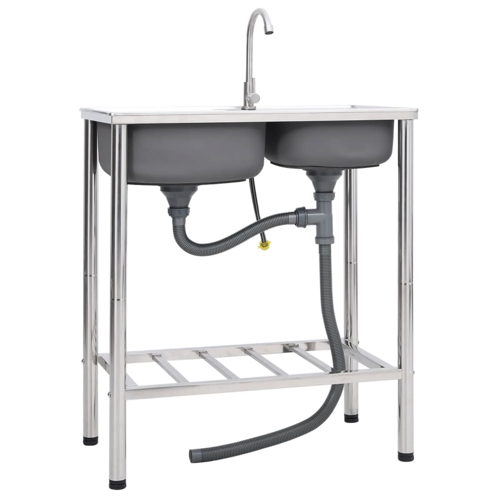 Camping Sink Double Basins with Tap Stainless Steel - Discount Dealers