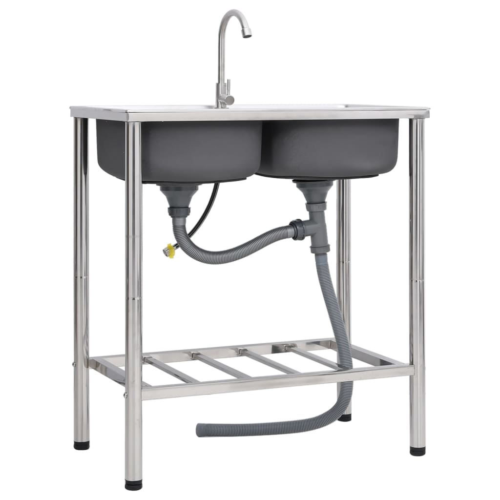 Camping Sink Double Basins with Tap Stainless Steel - Millennium Furniture
