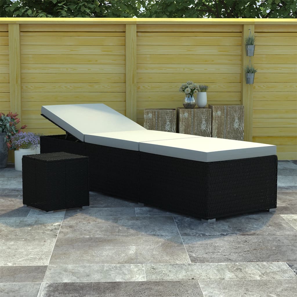 Sun Lounger with Cushion and Tea Table Poly Rattan Black - R and M Furniture