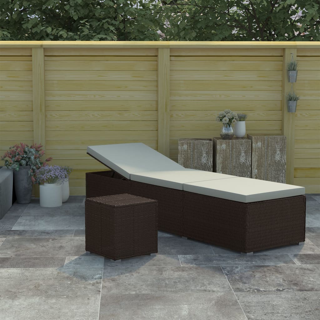 Sun Lounger with Cushion and Tea Table Poly Rattan Brown - Style and Chic