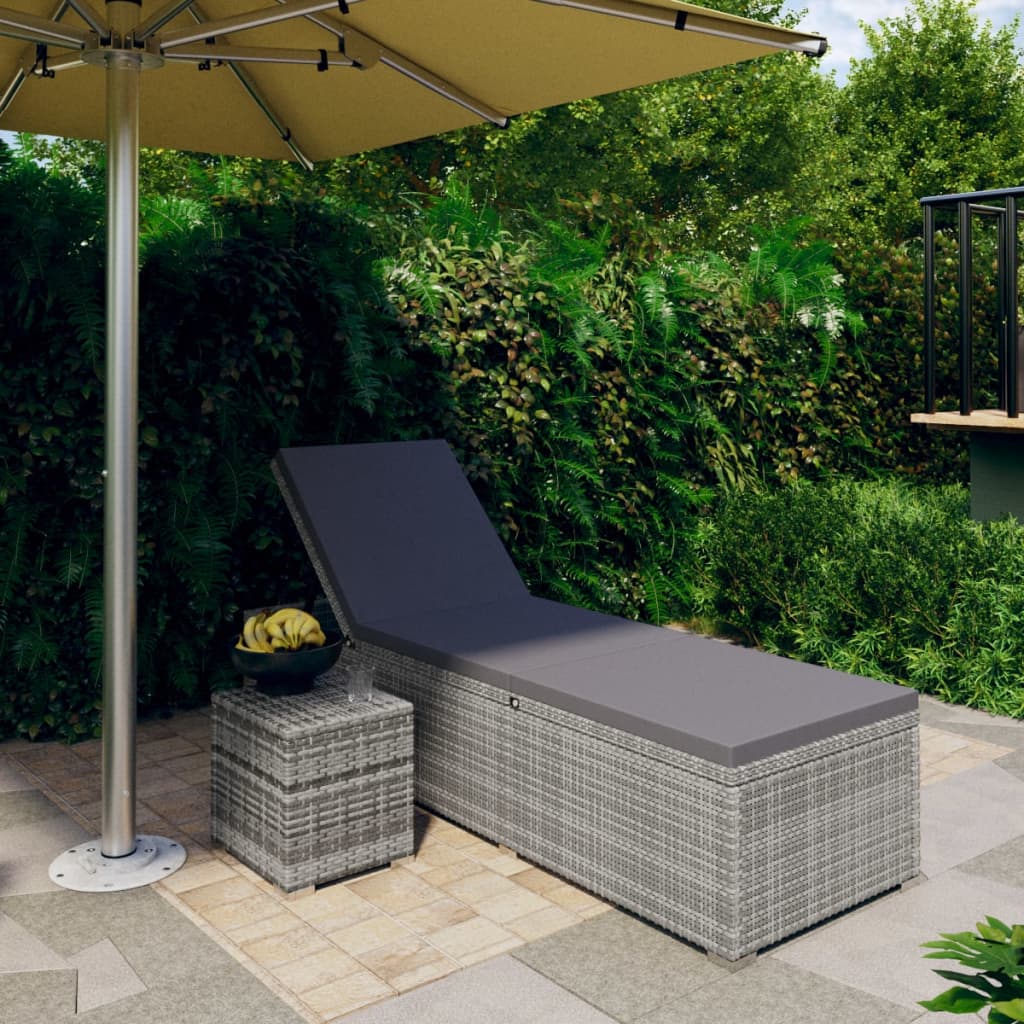 Sun Lounger with Cushion and Tea Table Poly Rattan Grey - Charlotte Dunes