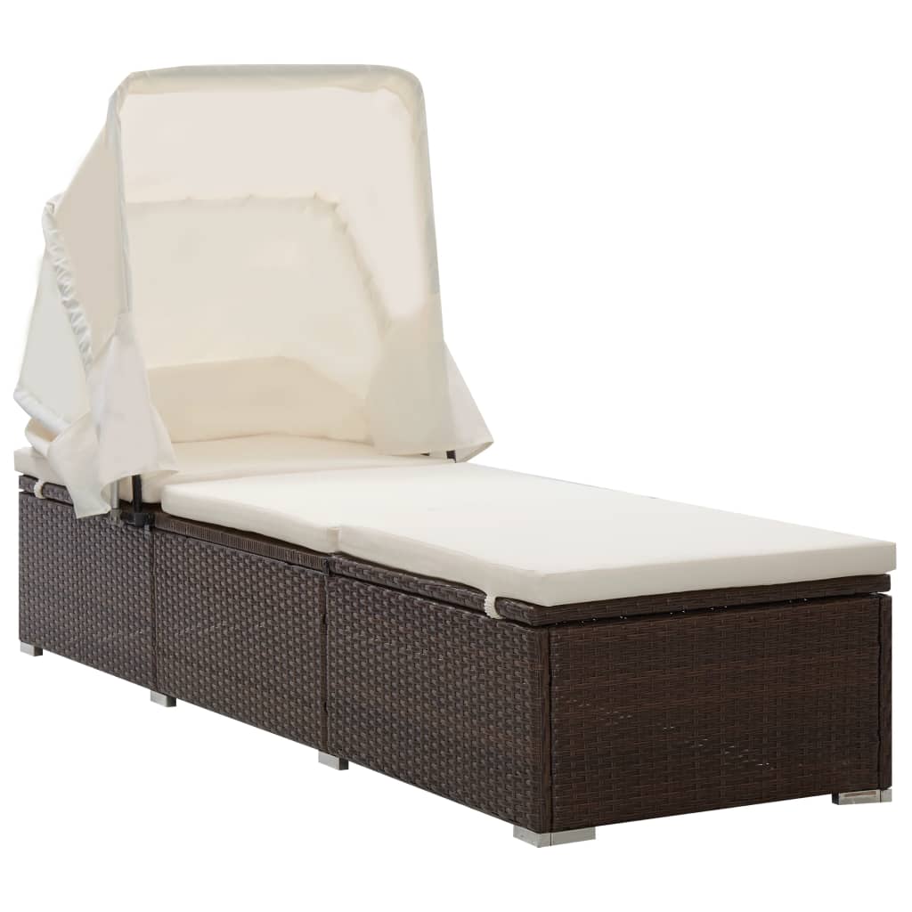 Sun Lounger with Canopy and Cushion Poly Rattan Brown - Merkel Designers
