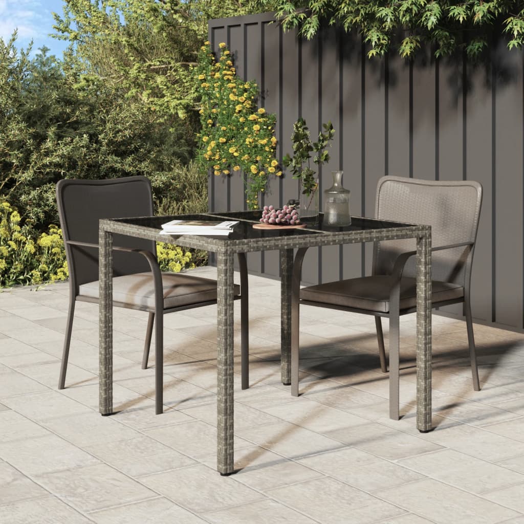 Garden Table 90x90x75 cm Tempered Glass and Poly Rattan Grey - Casper Homes