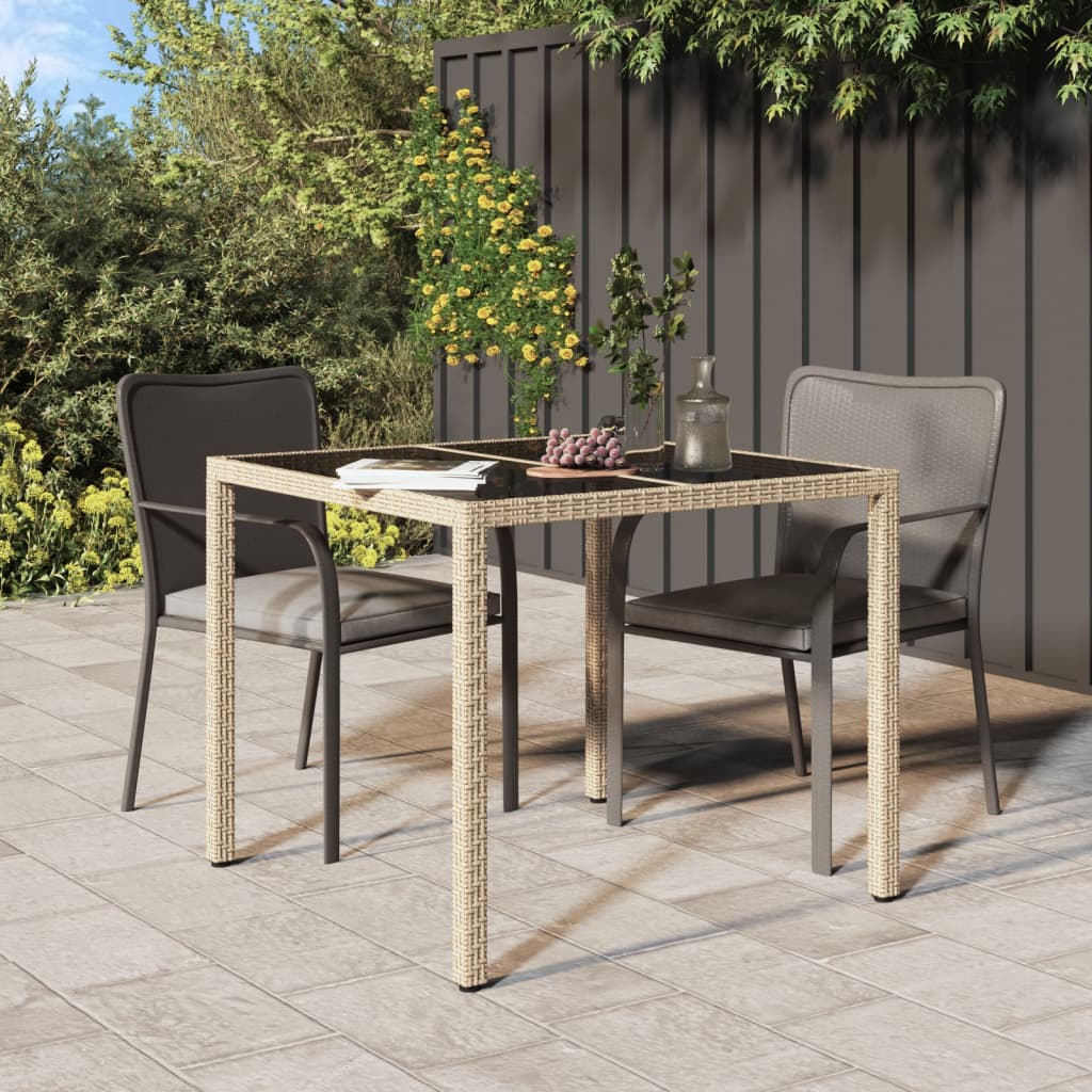 Garden Table 90x90x75 cm Tempered Glass and Poly Rattan Beige - Casper Homes