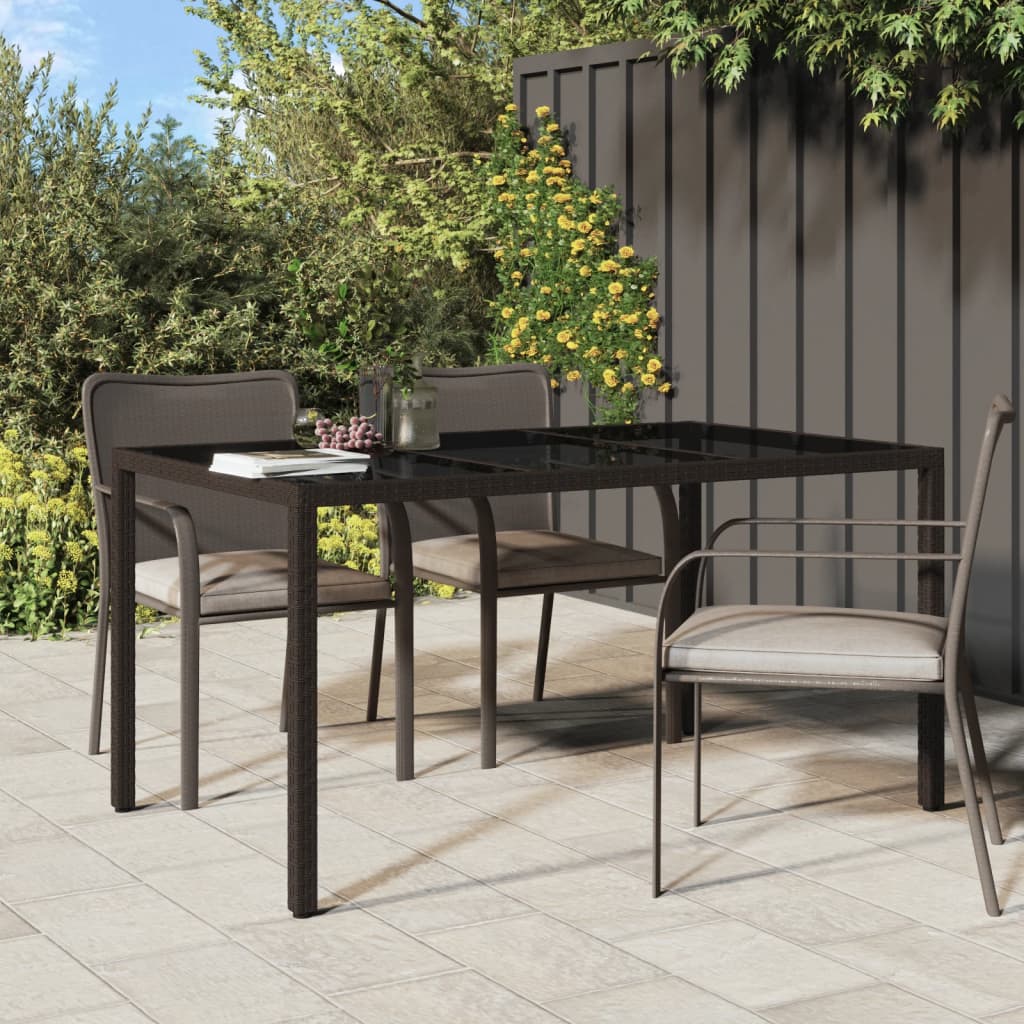 Garden Table 150x90x75 cm Tempered Glass and Poly Rattan Brown - Decor Base