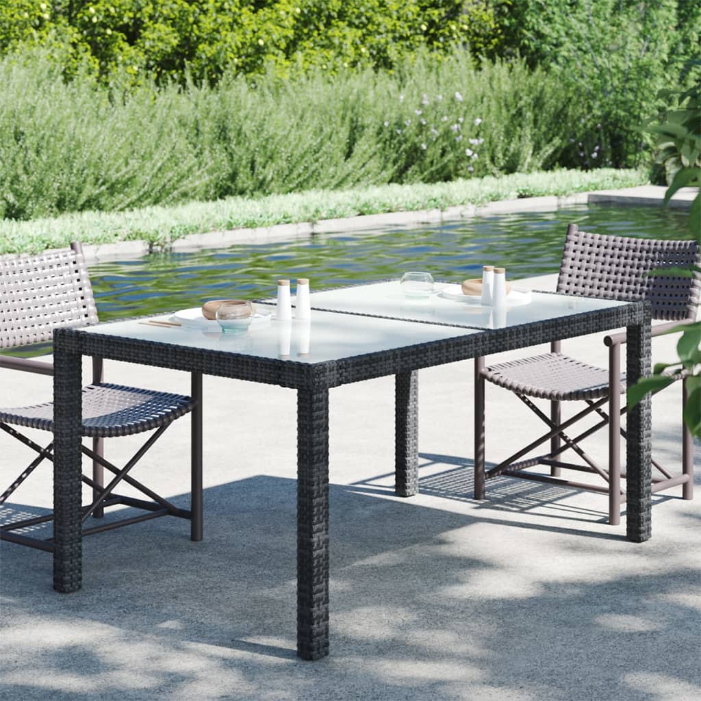 Garden Table 150x90x75 cm Tempered Glass and Poly Rattan Black - Sid & Sam