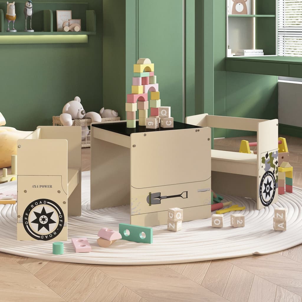 3 Piece Kids Table and Chair Set Off-road Car Design MDF - Decor Base