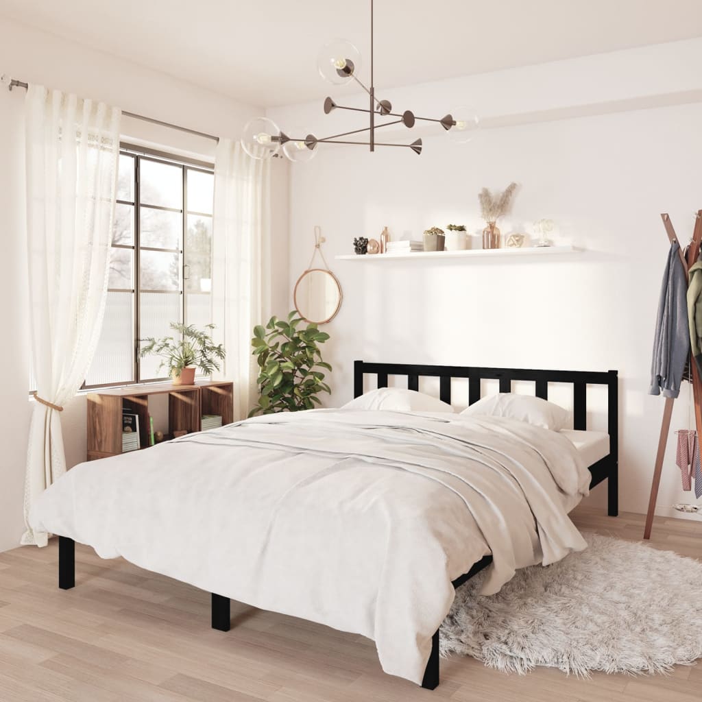 Bed Frame Black Solid Wood Pine 135x190 cm Double - Style and Chic