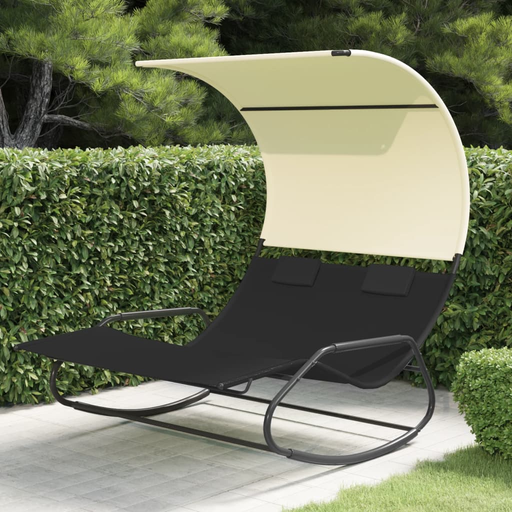 Rocking Double Sun Lounger with Canopy Black and Cream - Charlotte Dunes