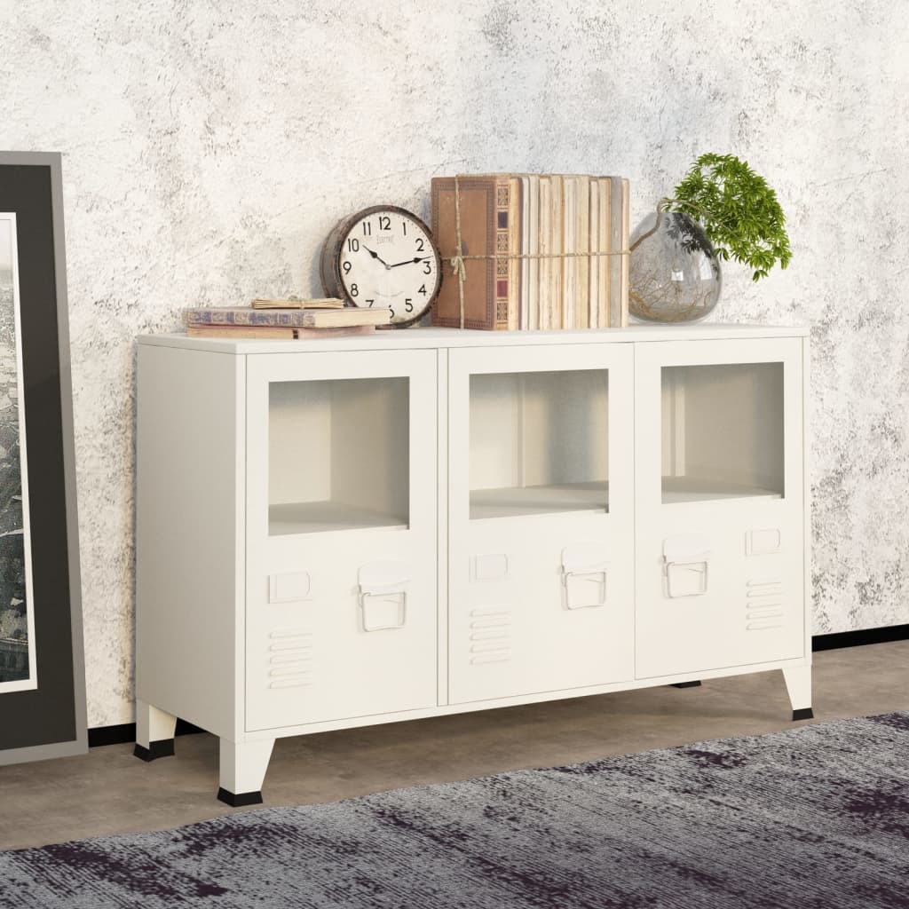 Industrial Sideboard White 105x35x62 cm Metal and Glass - Brittle & Co