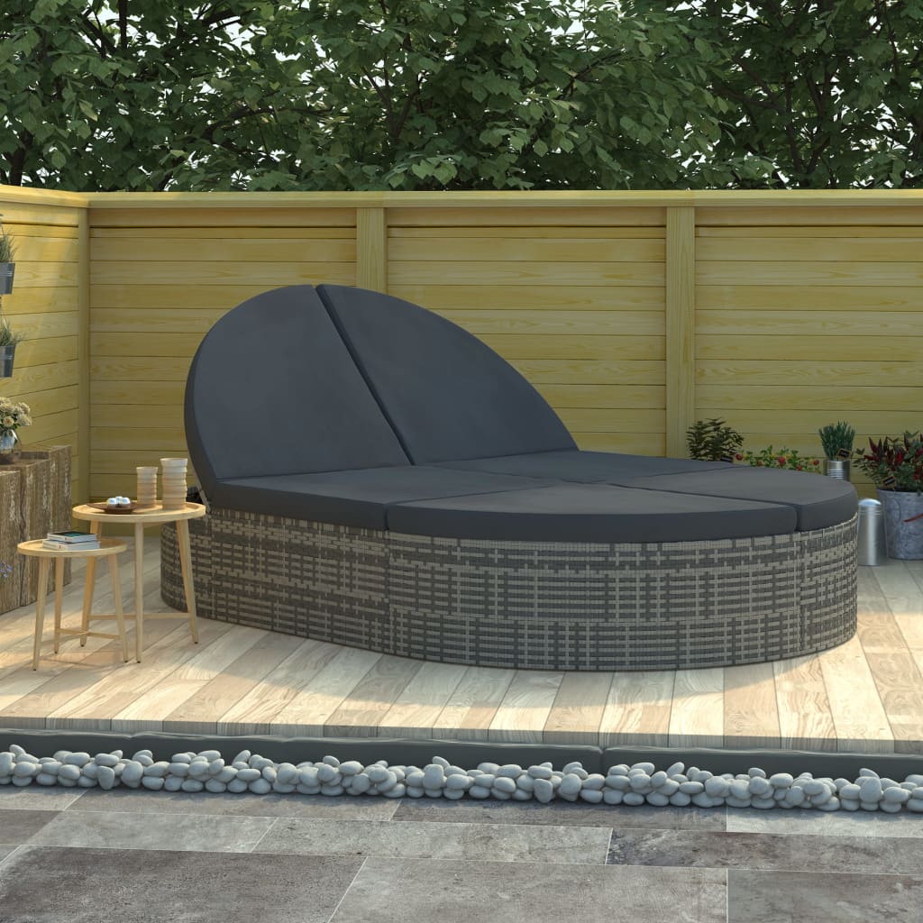 2-Person Sun Lounger with Cushions Poly Rattan Grey - Brittle & Co