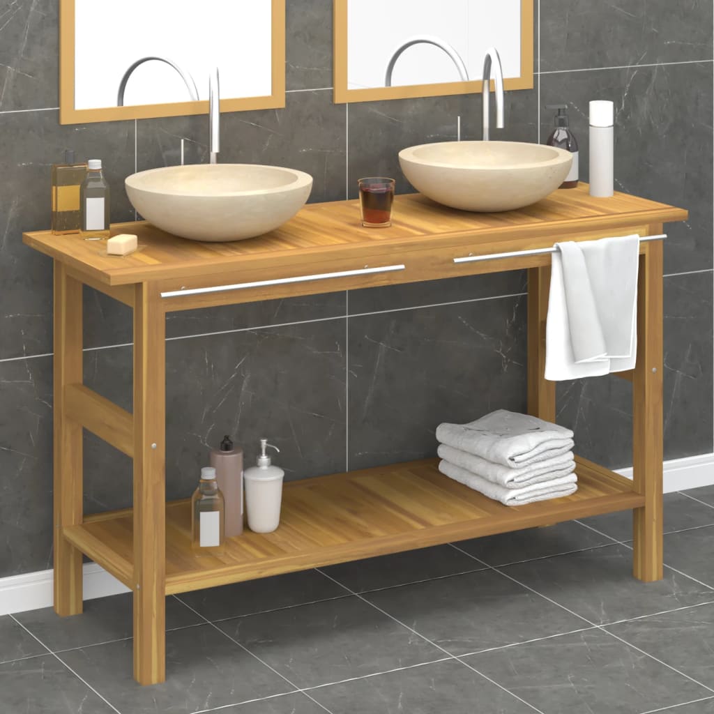 Bathroom Vanity Cabinet with Cream Marble Sinks Solid Wood Teak - Merlin Deals