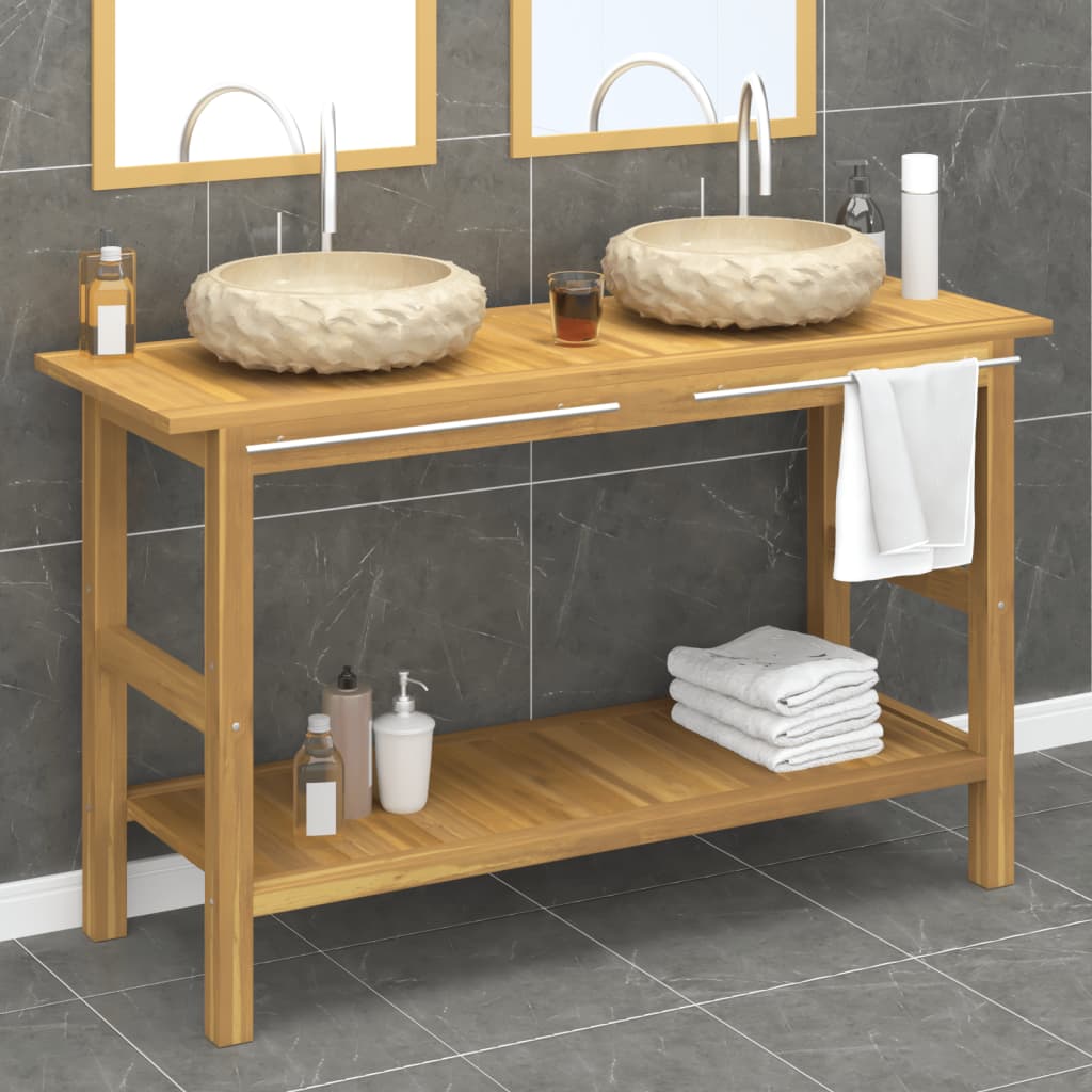 Bathroom Vanity Cabinet with Cream Marble Sinks Solid Wood Teak - R and M Furniture