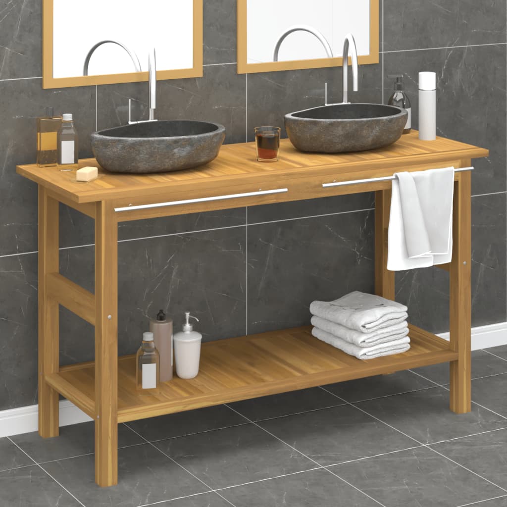 Bathroom Vanity Cabinet with River Stone Sinks Solid Wood Teak - The Home Maker