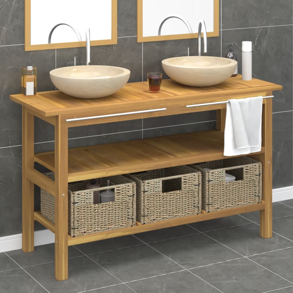 Bathroom Vanity Cabinet with Cream Marble Sinks Solid Wood Teak - Unbeatable Bargains