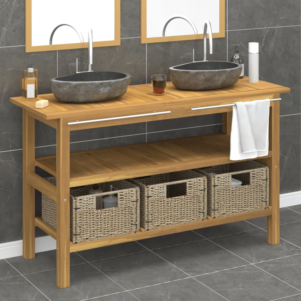 Bathroom Vanity Cabinet with River Stone Sinks Solid Wood Teak - Style and Chic
