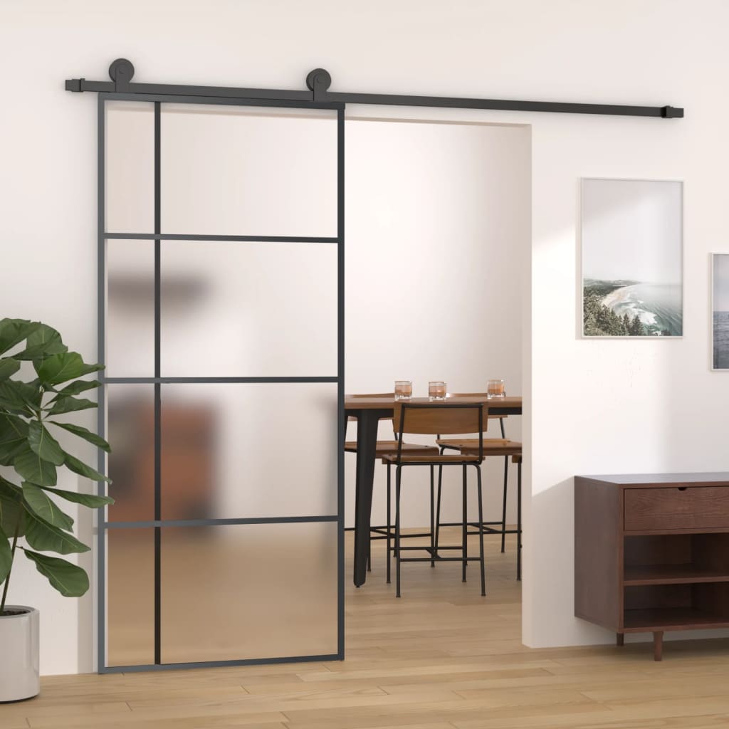 Sliding Door Frosted ESG Glass and Aluminium 90x205 cm Black - Unbeatable Bargains