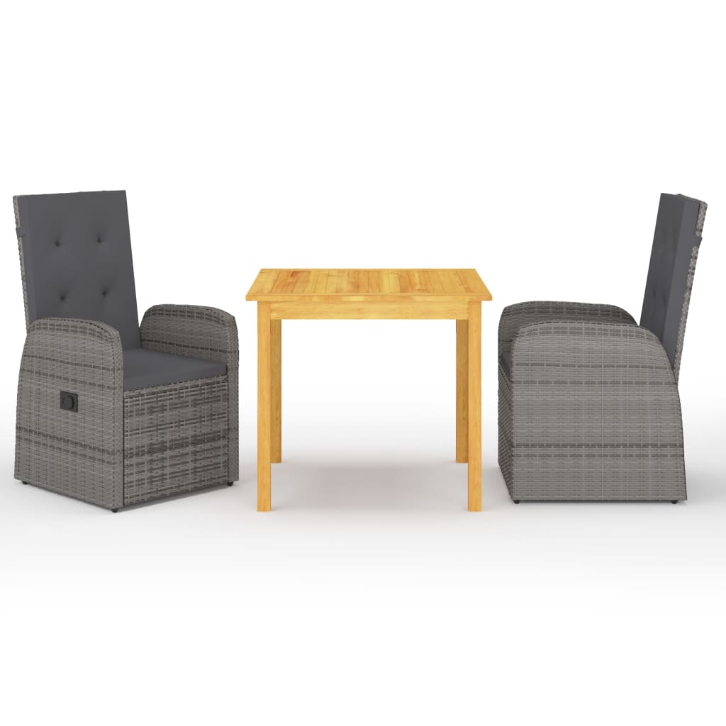 3 Piece Garden Dining Set with Cushions Grey Poly Rattan - Decor Base