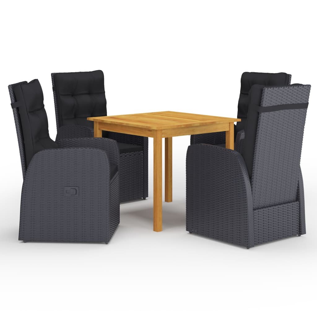 5 Piece Garden Dining Set with Cushions Black Poly Rattan - Decor Base