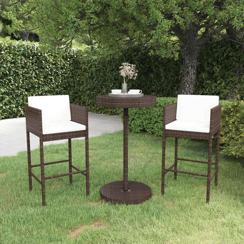 3 Piece Garden Bar Set with Cushions Poly Rattan Brown - Merkel Designers