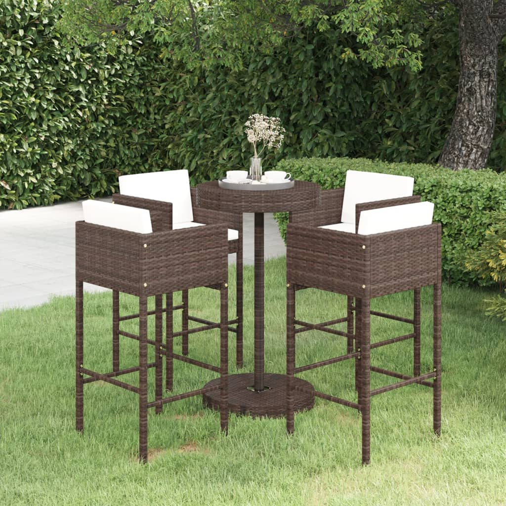 5 Piece Garden Bar Set with Cushions Poly Rattan Brown - All Things Good