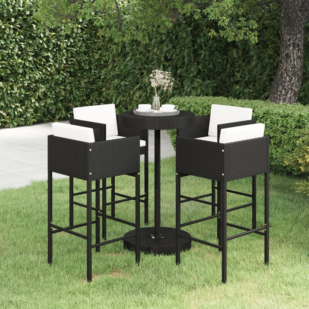 5 Piece Garden Bar Set with Cushions Poly Rattan Black - Merkel Designers