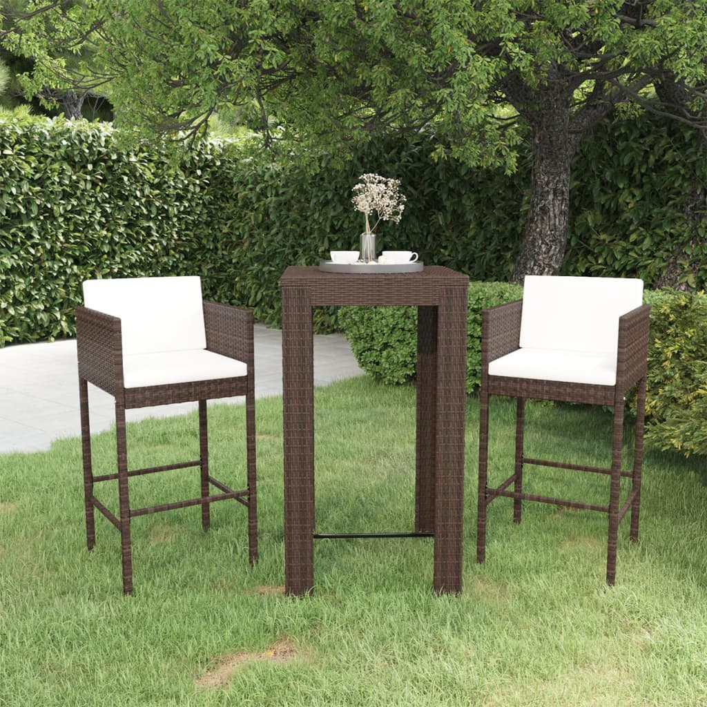 3 Piece Garden Bar Set with Cushions Poly Rattan Brown - Tyrell & Tyrell