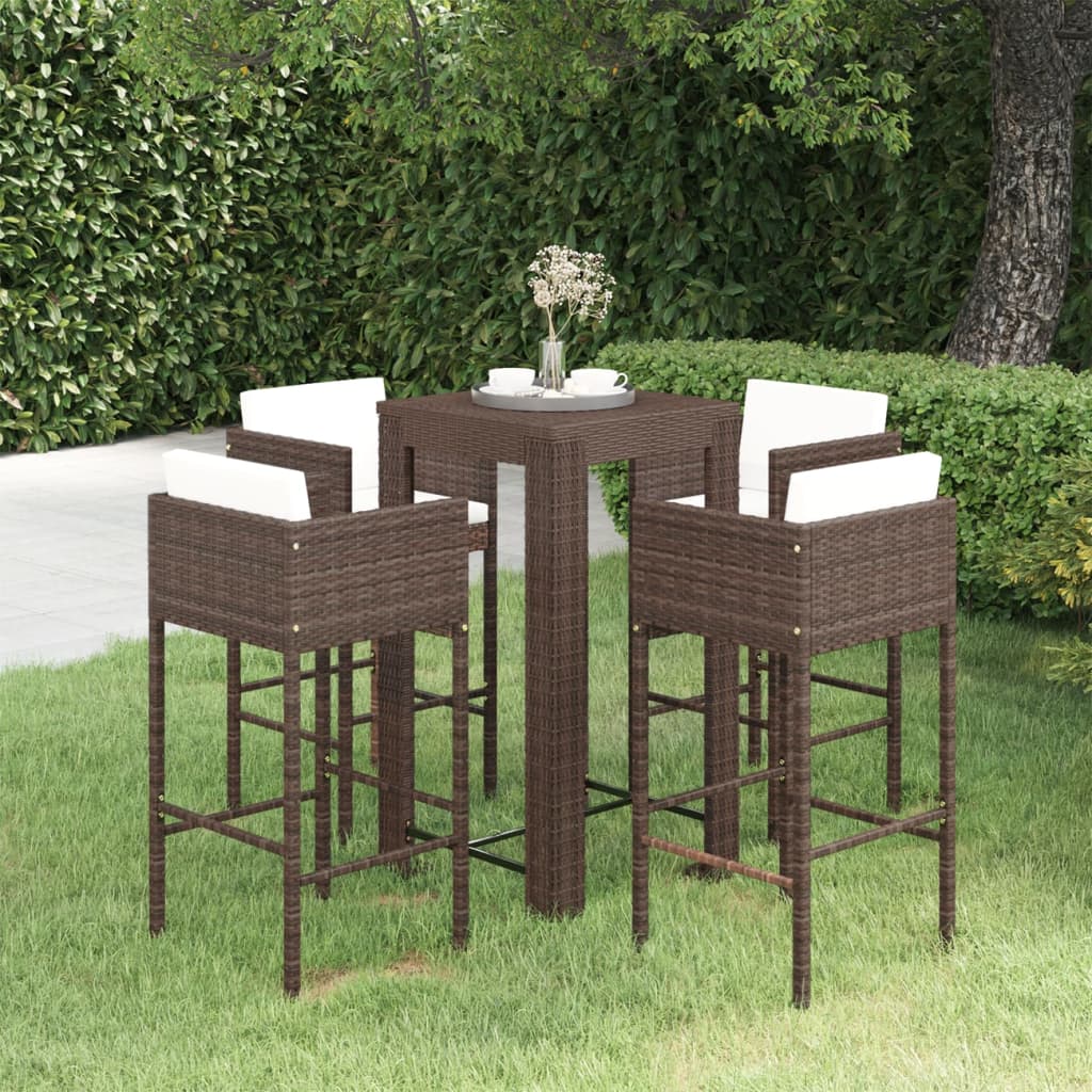 5 Piece Garden Bar Set with Cushions Poly Rattan Brown - Brittle & Co